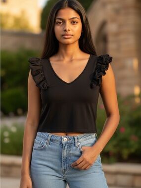 Zara Black Ruffle-Trim V-Neck Cropped Tank